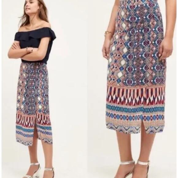Anthropologie 100% Silk HD in Paris Geometric Printed Midi Skirt 10 Slit Boho - Picture 1 of 11